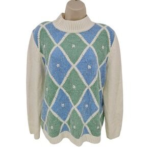 Grandmacore Sweater Jumper Women S‎ Cream Blue Green Argyle  Cabincore Feminine